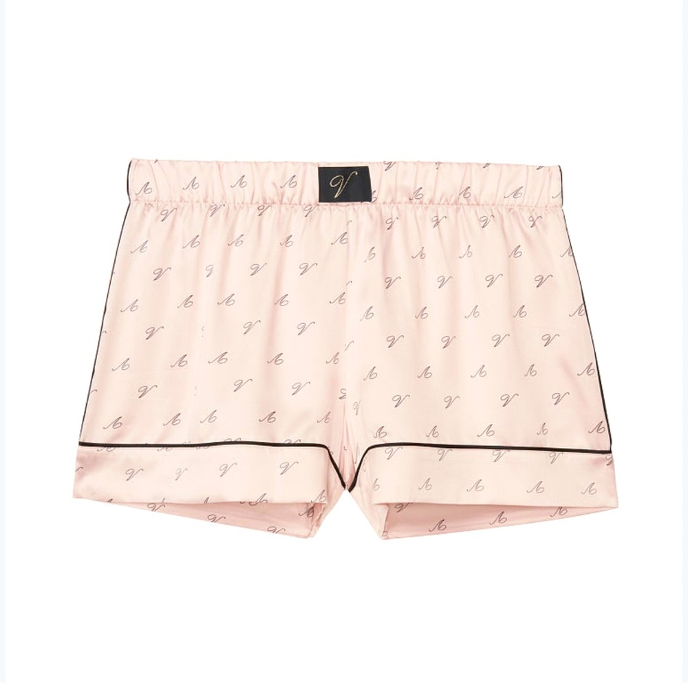 VS Blush Satin Lounge Sleep Patch Logo Boxer Short V Print Blush Black Piping-S - Picture 3 of 10